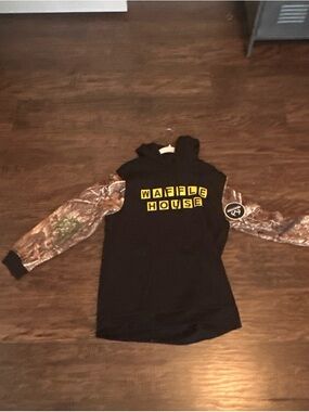 Realtree Black Hoodie with Camo Sleeves and Yellow Waffle House Logo
